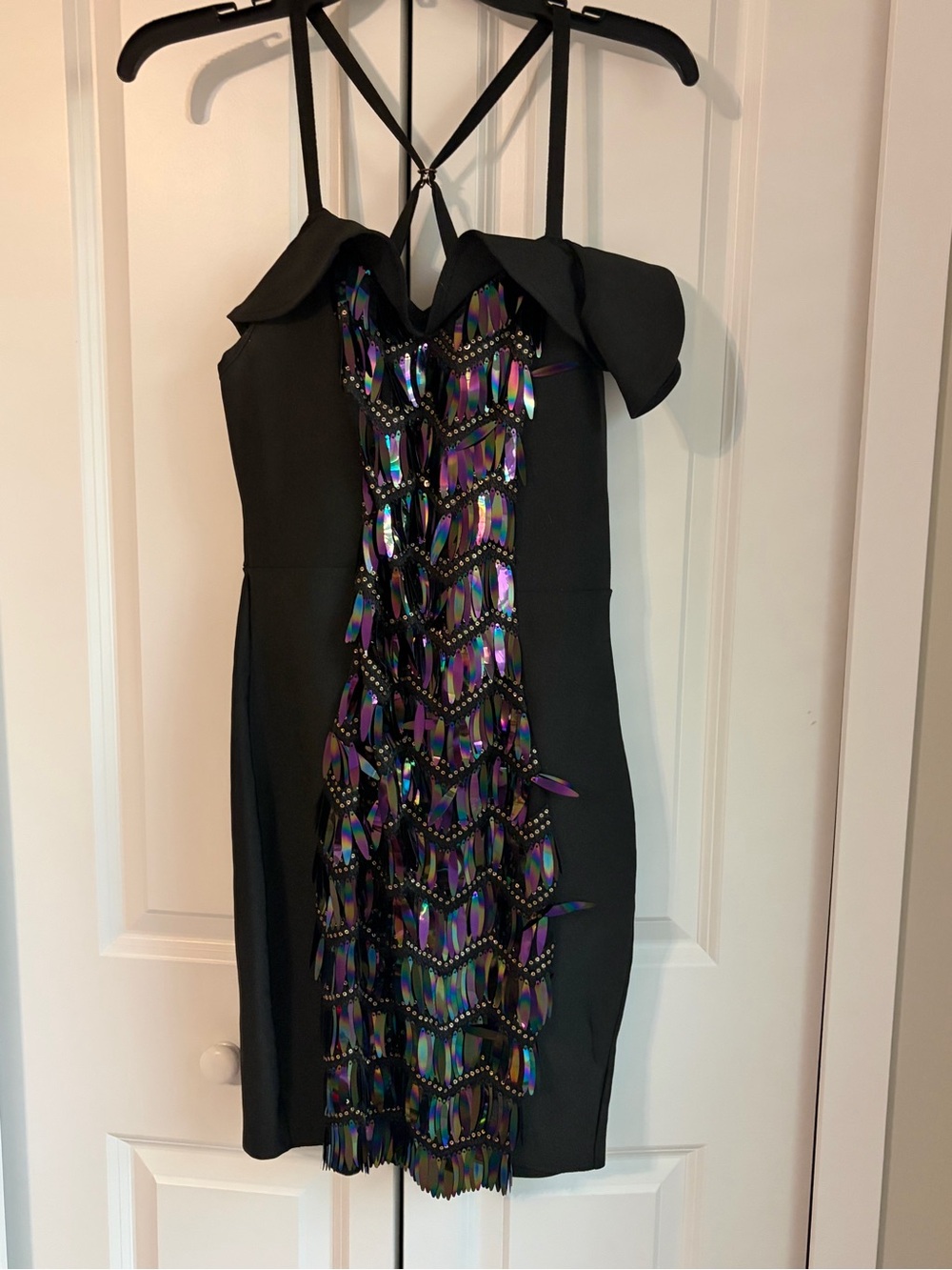 WOW couture Black Mini Dress with Iridescent Sequin Fringe